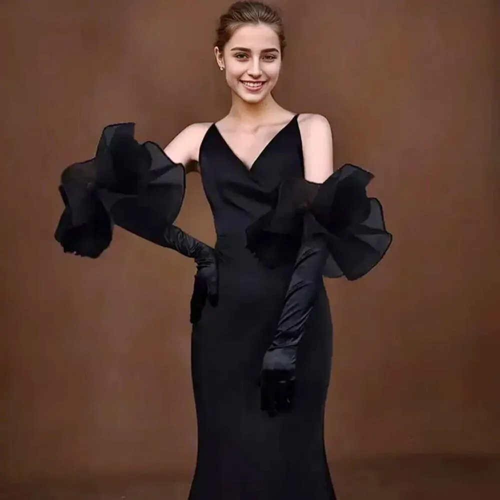 Women's Elegant Evening Black Opera Velvet Ruffled Long Puff Sleeve Gloves